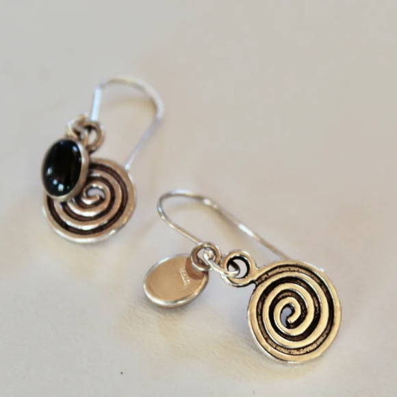 New Earrings, Silver Plated Spiral and  SS Black Onyx Charms - Picture 1 of 2